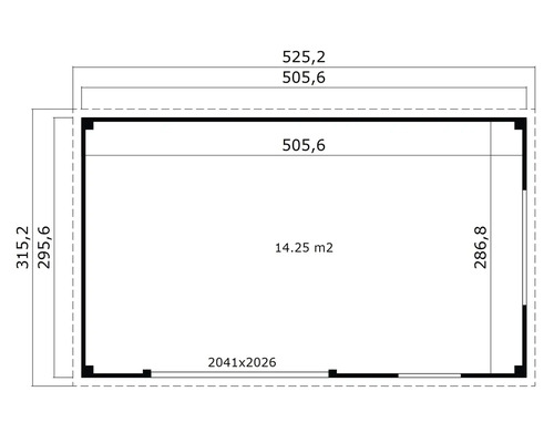 Grundrisszeichnung eines Gartenhauses mit Maßangaben