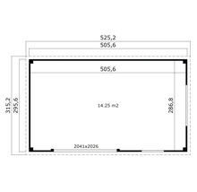 Grundrisszeichnung mit Abmessungen für ein Gartenhaus