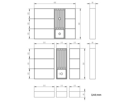 Technische Zeichnung eines Badezimmerschranks mit Waschbecken und Abmessungen.