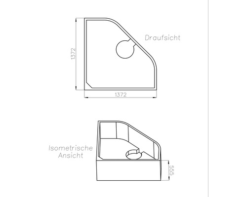 Technische Zeichnung einer Duschtasse mit Abmessungen