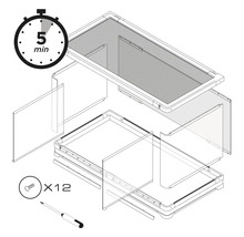 Aufbauanleitung für ein Möbelstück mit Angabe von zwölf Schrauben und einer Montagezeit von fünf Minuten.