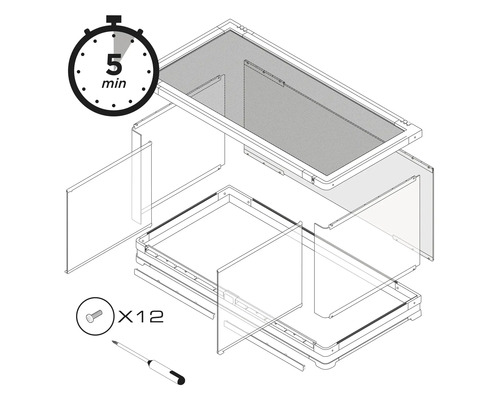 Aufbauanleitung für ein Möbelstück mit Angabe von zwölf Schrauben und einer Montagezeit von fünf Minuten.