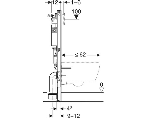 Technische Zeichnung eines Sanitärinstallationssystems mit Maßangaben