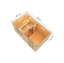 Illustration einer Gartensauna mit den Maßen 396 cm x 231 cm x 217 cm.