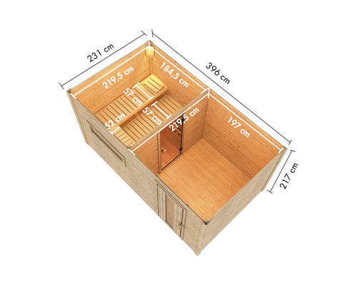 Illustration einer Gartensauna mit den Maßen 396 cm x 231 cm x 217 cm.