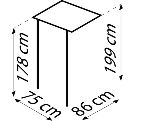Technische Zeichnung eines Beistelltisches mit den Maßen 178 cm, 75 cm, 199 cm und 86 cm.