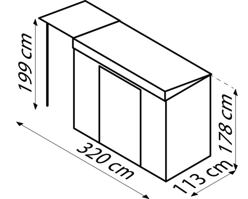 Technische Zeichnung eines Anlehngewächshauses mit Maßangaben