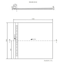 Technische Zeichnung einer Duschrinne mit Maßen und Schnittansicht