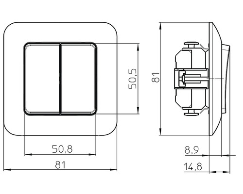 Technische Zeichnung eines Schalters mit Maßangaben