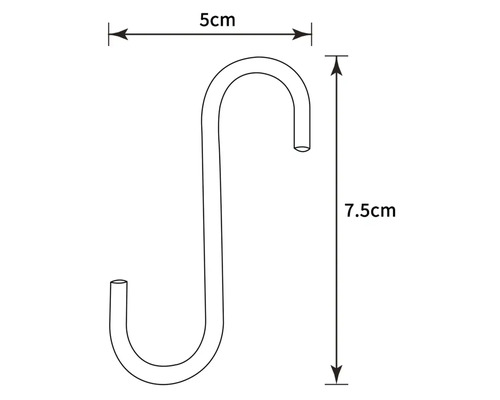 Abbildung eines S-Haken mit Maßangaben: 5 cm breit und 7,5 cm hoch