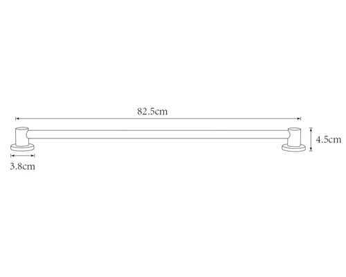Technische Zeichnung einer Handtuchstange mit den Maßen 82,5 cm Länge, 4,5 cm Höhe und 3,8 cm Tiefe.