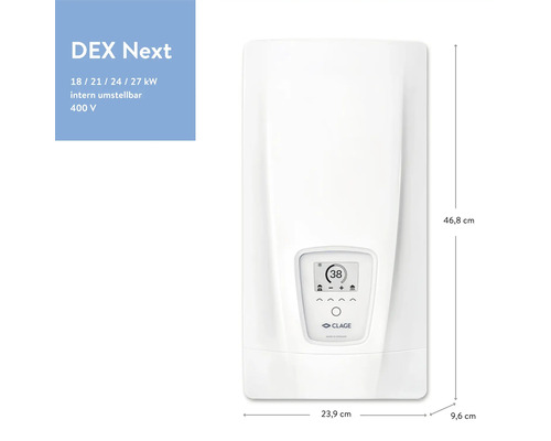 Elektronischer Durchlauferhitzer mit Maßangaben