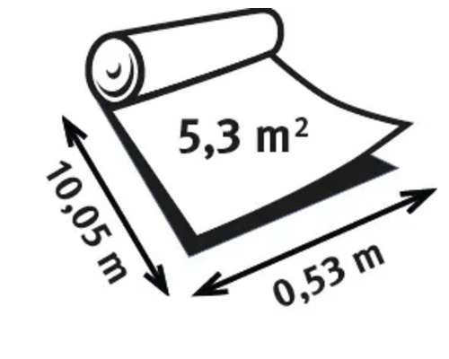 Symbolische Darstellung einer Tapetenrolle mit den Maßen 10,05 Meter x 0,53 Meter und einer Fläche von 5,3 Quadratmetern.