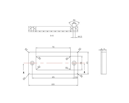 Technische Zeichnung mit Maßen und Ansichten eines Bauteils