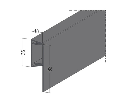 Technische Zeichnung eines Profils mit den Maßen 16, 36 und 62 Millimeter.
