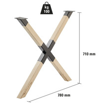 Tischbein im X-Design aus Holz und Metall, Traglast 100 kg, Höhe 710 mm, Breite 780 mm