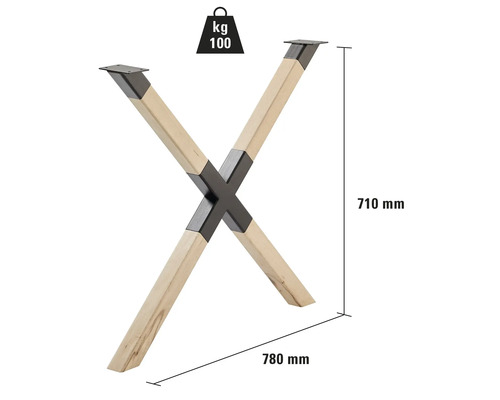 Tischbein im X-Design aus Holz und Metall, Traglast 100 kg, Höhe 710 mm, Breite 780 mm