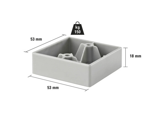 Möbelfußgleiter aus Kunststoff, belastbar bis 150 Kilogramm, mit den Maßen 53 x 53 x 18 Millimeter
