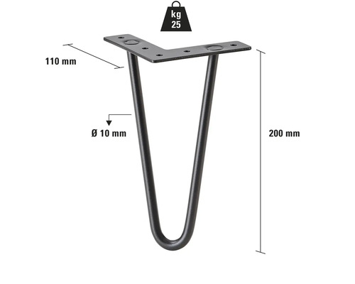 Tischbein aus Metall, 200 mm hoch, mit einer Traglast von 25 kg