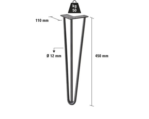 Tischbein aus Stahl mit einer Länge von 450 mm und einer maximalen Belastbarkeit von 50 kg