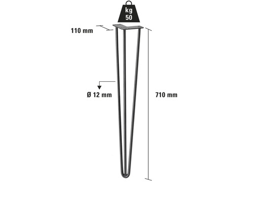 Tischbein aus Stahl, Haarnadelform, 710 mm lang, Belastbarkeit 50 kg
