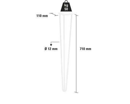Tischbein aus Metall, 710 mm hoch, Durchmesser 12 mm, Traglast 50 kg
