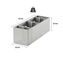 Möbelfuß aus Kunststoff mit den Maßen 90 mm x 28 mm x 28 mm und einer Traglast von 150 kg
