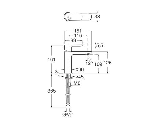 Technische Zeichnung einer Waschtischarmatur mit Maßangaben