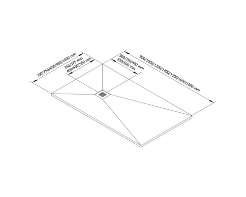 Abbildung einer Duschwanne mit Maßangaben.