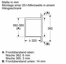 Abmessungen für die Montage einer 20-Liter-Mikrowelle in einem Hängeschrank.