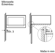 Eckdaten für den Eckmontage einer Mikrowelle mit Mindestabstand in Millimeter