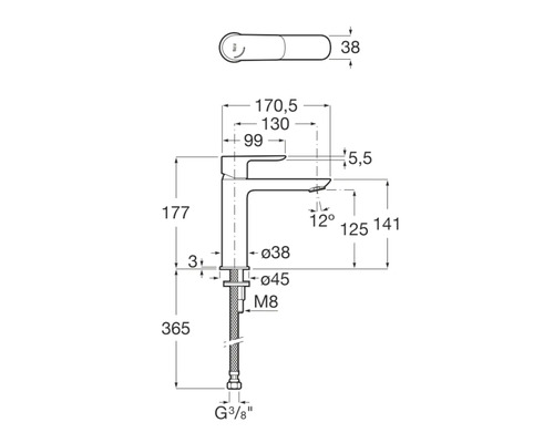 Technische Zeichnung einer Armatur mit Maßangaben