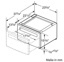 Technische Zeichnung eines Unterschranks mit Maßangaben in Millimeter und Zoll