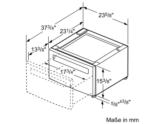Technische Zeichnung eines Unterschranks mit Maßangaben in Millimeter und Zoll