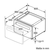 Maßzeichnung eines Unterschranks mit den Maßen 960 x 600 x 390 mm.
