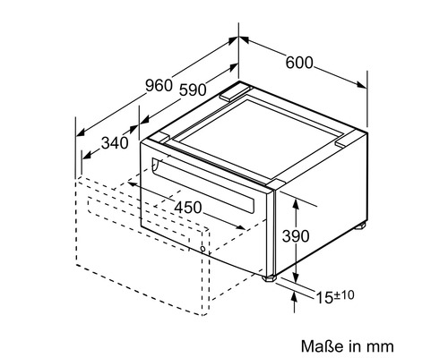 Maßzeichnung eines Unterschranks mit den Maßen 960 x 600 x 390 mm.