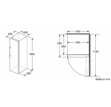 Technische Zeichnung eines Kühlschranks mit Maßangaben in Millimetern