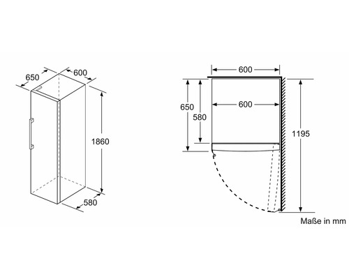 Technische Zeichnung eines Kühlschranks mit Maßangaben in Millimetern