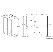 Technische Zeichnung einer Duschkabine mit Maßangaben