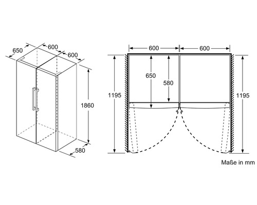 Technische Zeichnung einer Duschkabine mit Maßangaben