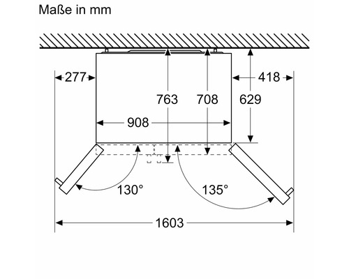 Technische Zeichnung einer Dunstabzugshaube mit Maßen in Millimeter.