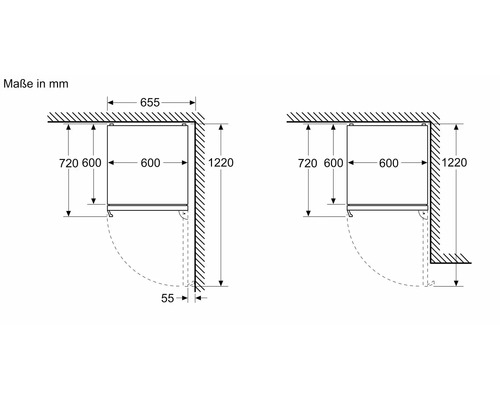 Maßzeichnung eines Schranks mit Tür und den Maßen in Millimeter