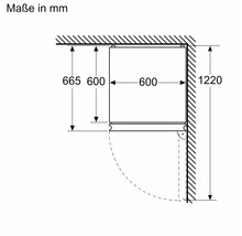 Maßzeichnung eines Kühlschranks mit den Maßen 600 x 665 x 1220 Millimeter.