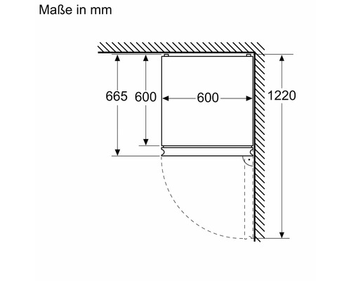 Maßzeichnung eines Kühlschranks mit den Maßen 600 x 665 x 1220 Millimeter.