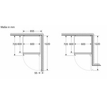 Maßzeichnung eines Einbaukühlschranks mit den Maßen 600 x 655 x 1220 Millimeter