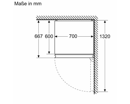Technische Zeichnung eines Kühlschranks mit Maßangaben in Millimetern