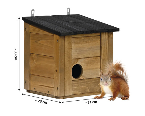 Eichhörnchenhaus aus Holz mit schwarzem Dach und einem Eichhörnchen