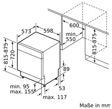 Maßzeichnung eines Geschirrspülers mit den Maßen in Millimeter.