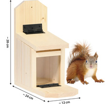 Eichhörnchenhaus aus Holz mit Größenangaben und Eichhörnchen