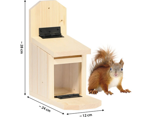 Eichhörnchenhaus aus Holz mit Größenangaben und Eichhörnchen